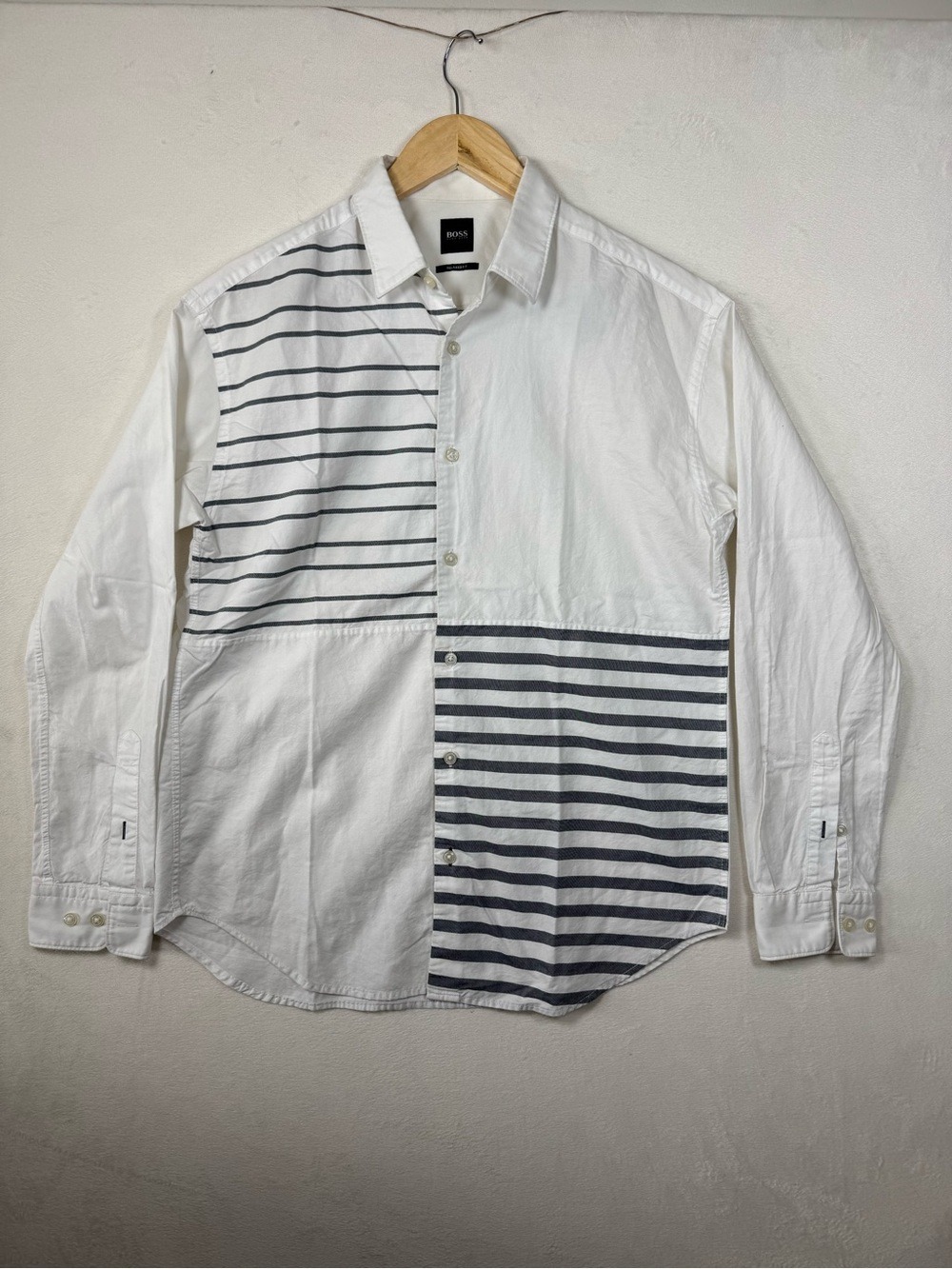Hugo Boss White Button-Down Patchwork Stripe Shirt with Navy Medium